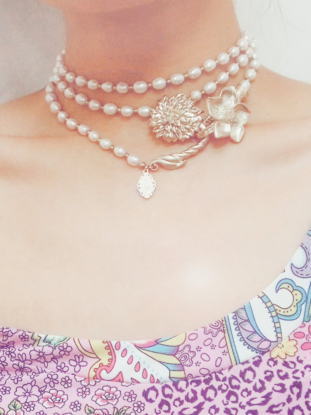3way freshwater pearl x flower motif necklace 