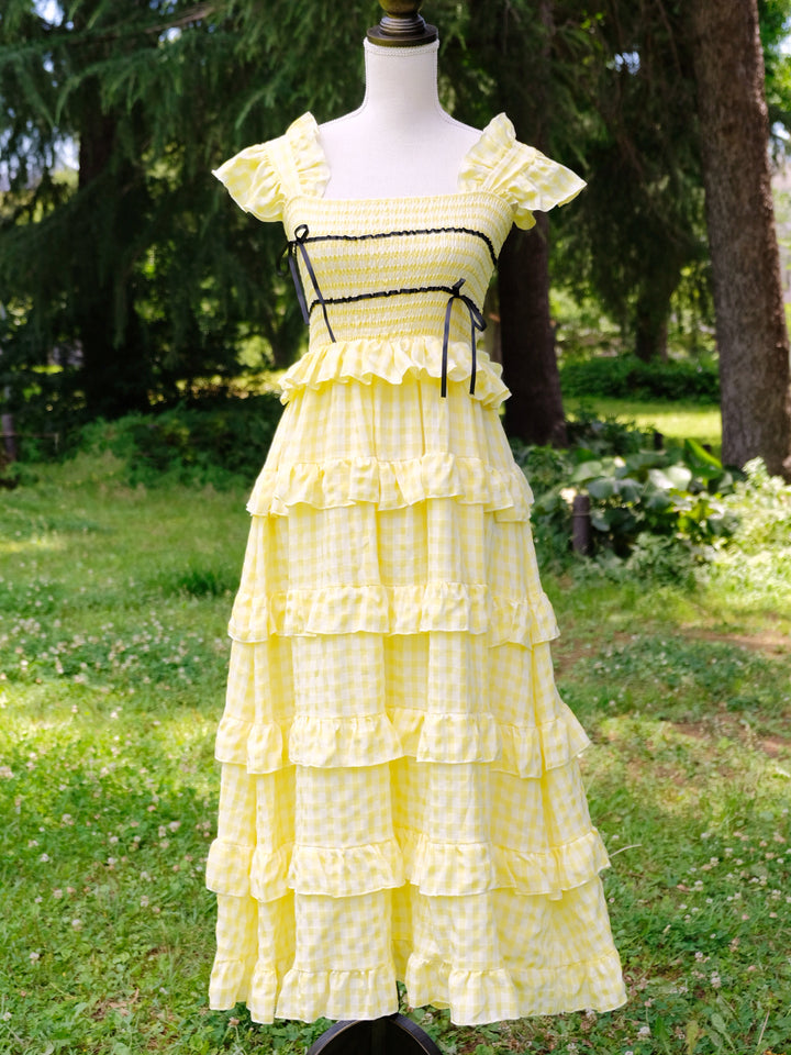layered ruffle yellow check dress 