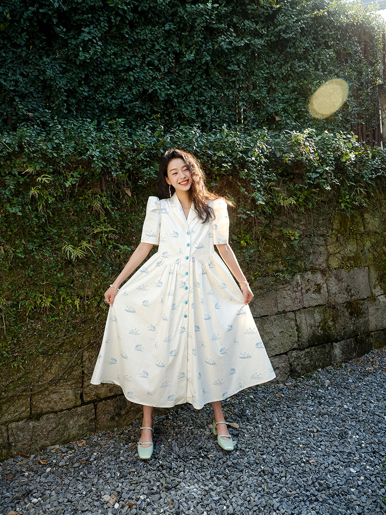 Worn by Twice momo] Chimpanzee textile puff sleeve summer dress