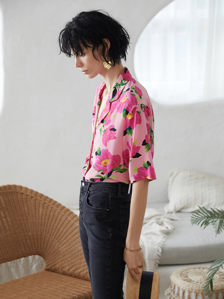 Half sleeve pink flower silk shirt 