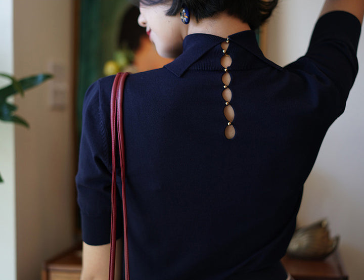 Mock neck back button design tops 