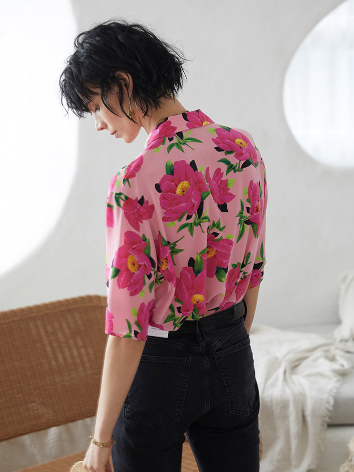 Half sleeve pink flower silk shirt 