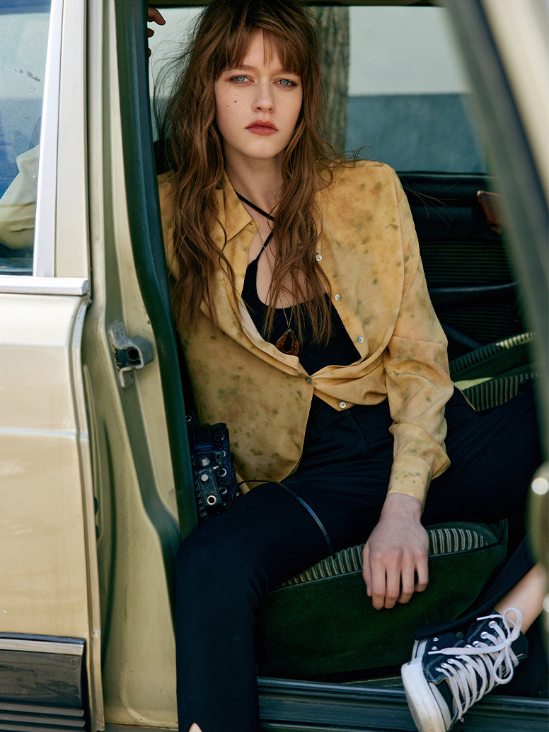 Honey yellow beige 100% silk shirt 
