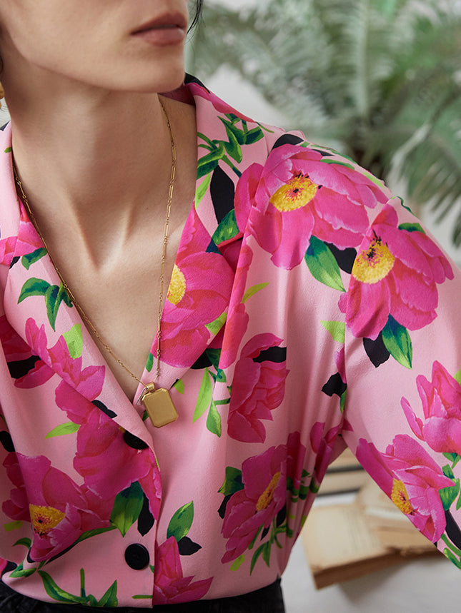 Half sleeve pink flower silk shirt 