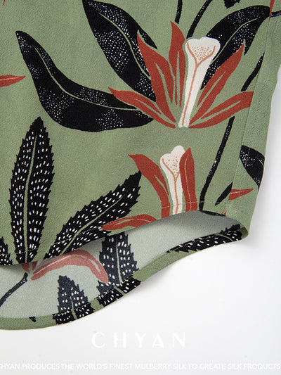 Botanical double button jacket style 100% silk shirt 