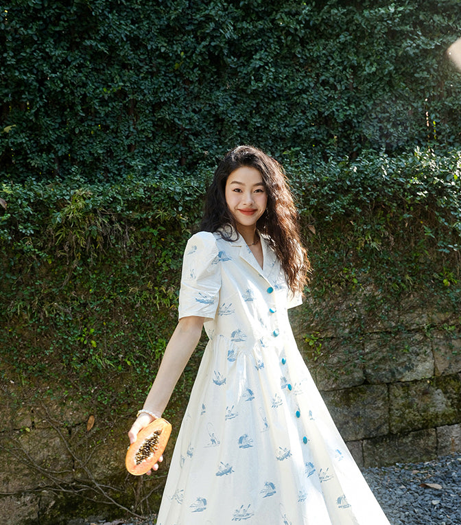 Chimpanzee Textile Puff Sleeve Summer Dress 
