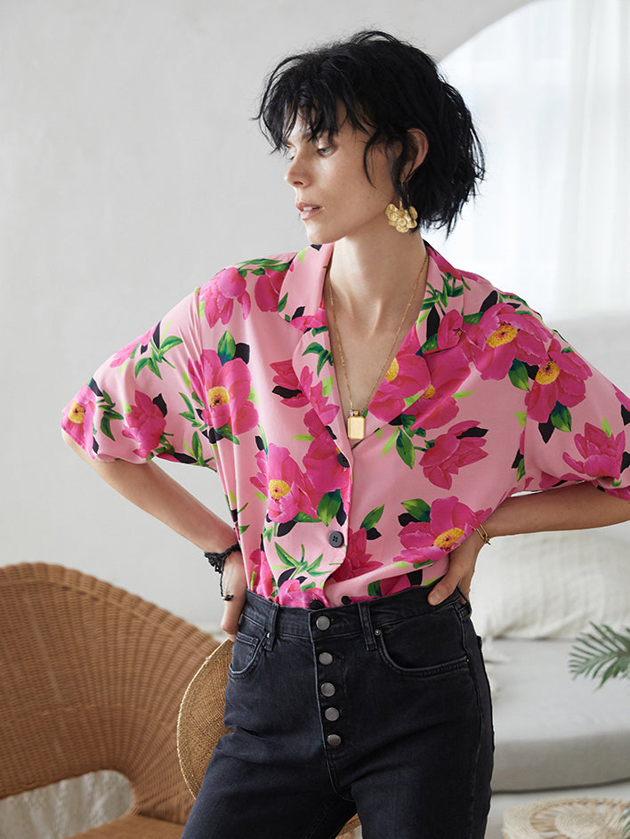 Half sleeve pink flower silk shirt 