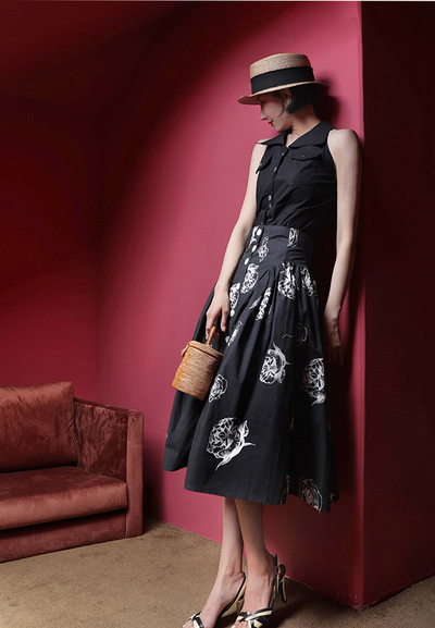 Ink drawing floral flare skirt 