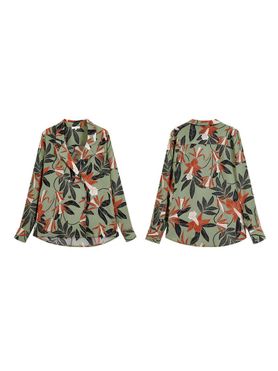Botanical double button jacket style 100% silk shirt 