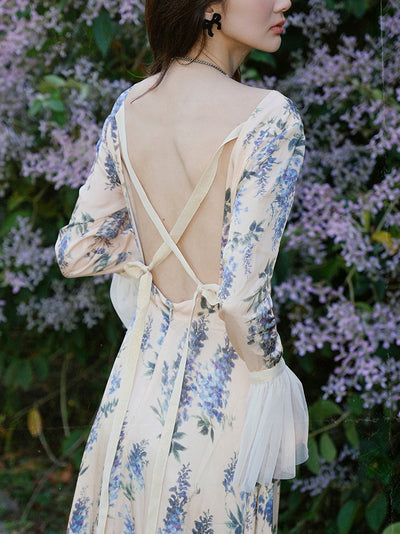 Open back oil flower print dress 