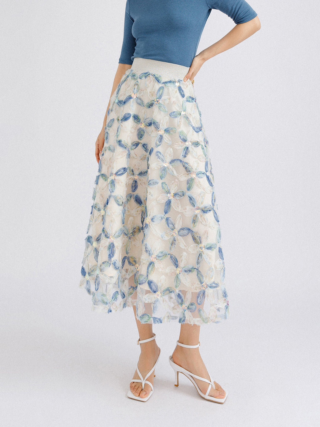 Sequins x flower garden chiffon skirt 