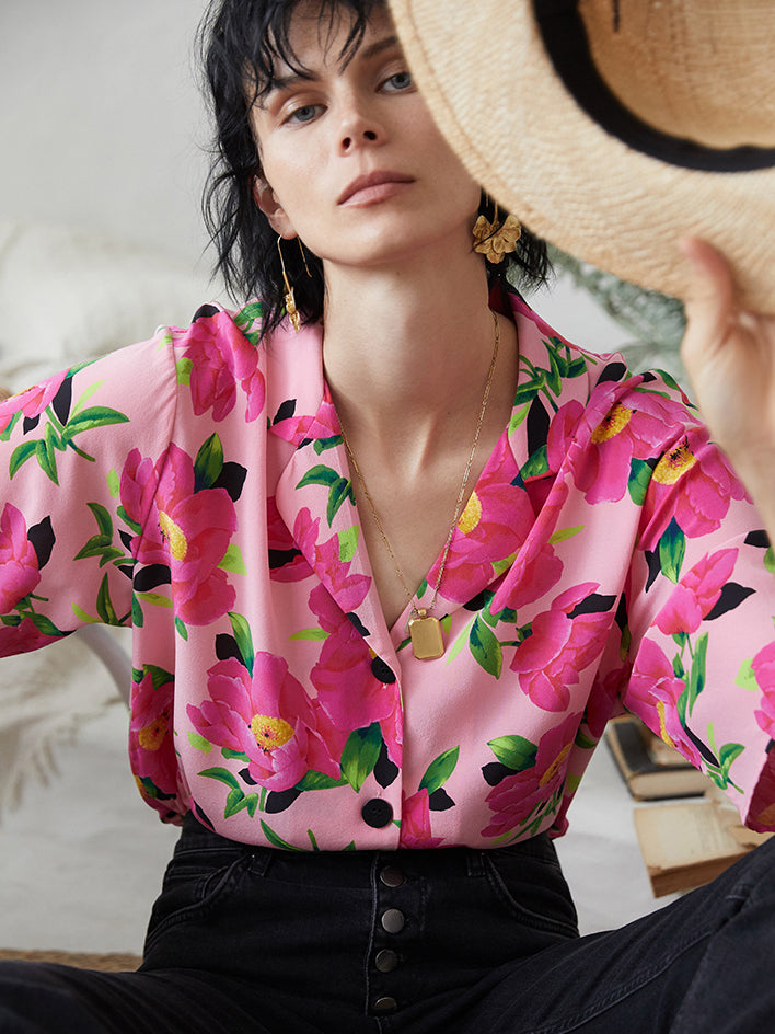 Half sleeve pink flower silk shirt 