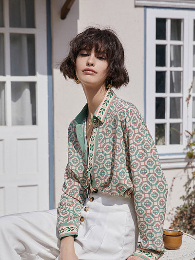 Geometric pattern pink x green pale color silk shirt 
