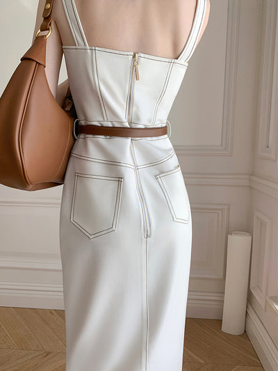Round neck slit denim dress 
