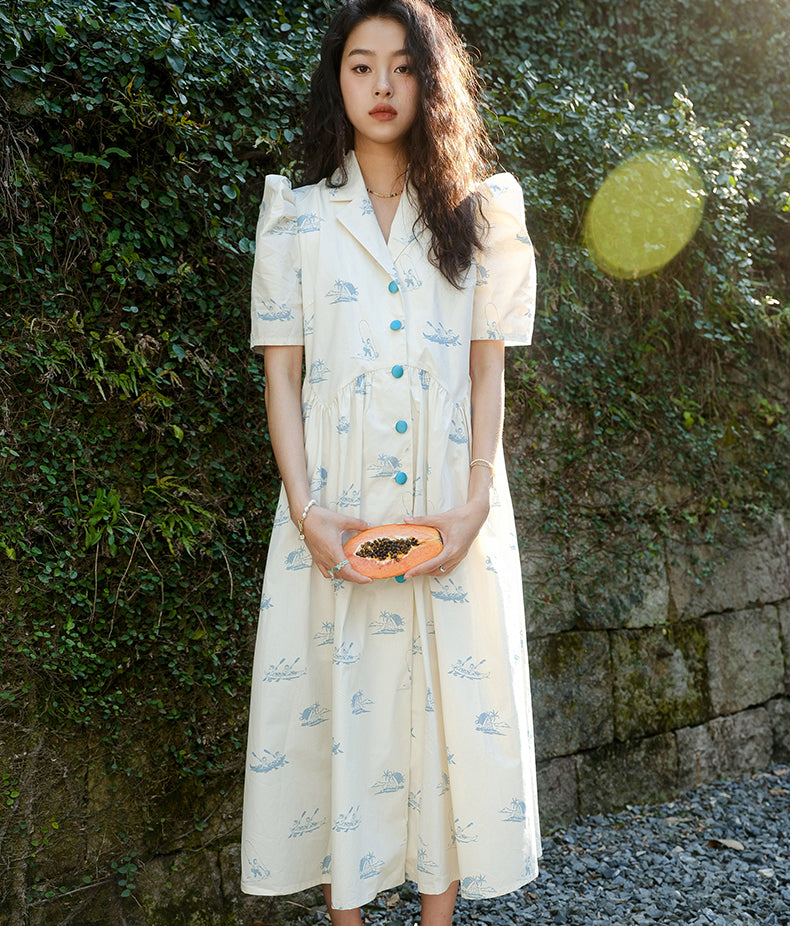 Chimpanzee Textile Puff Sleeve Summer Dress 