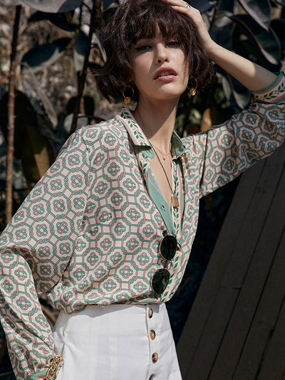 Geometric pattern pink x green pale color silk shirt 