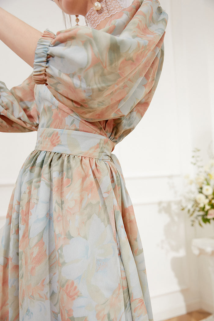 Floral pattern light color x lantern sleeve wrap dress 