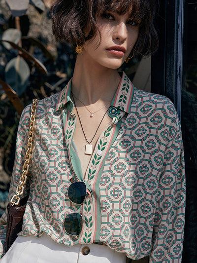 Geometric pattern pink x green pale color silk shirt 