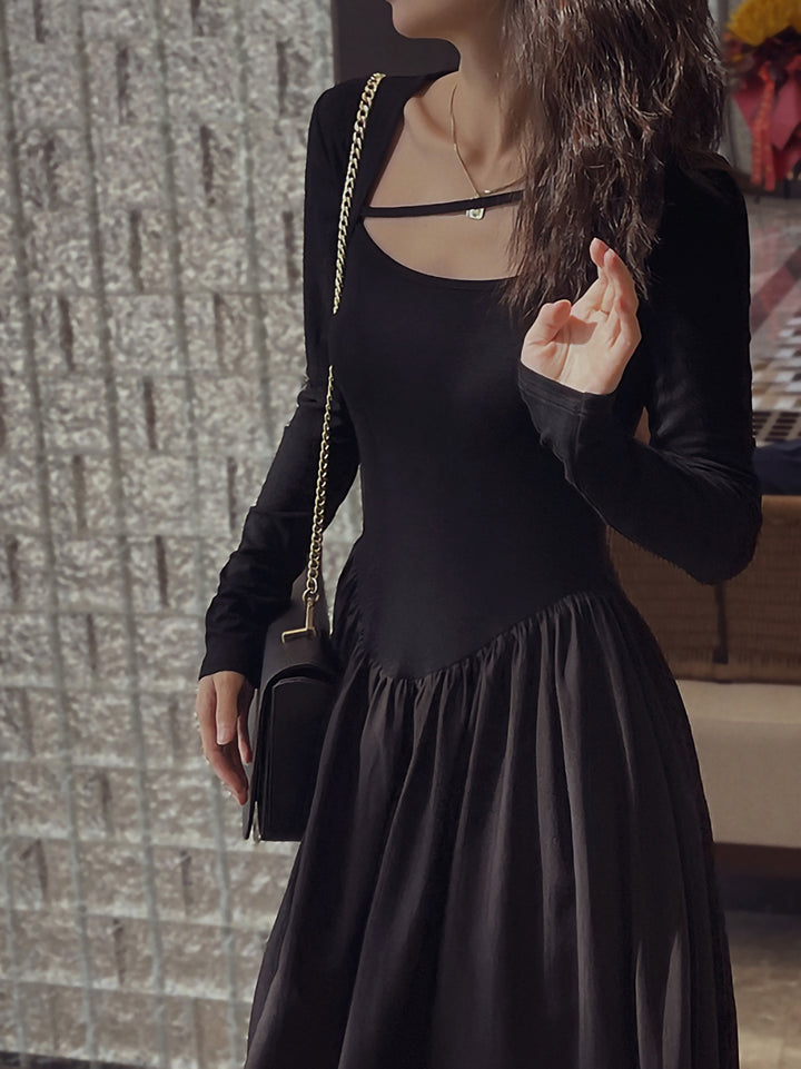 Back open black dress of different materials 