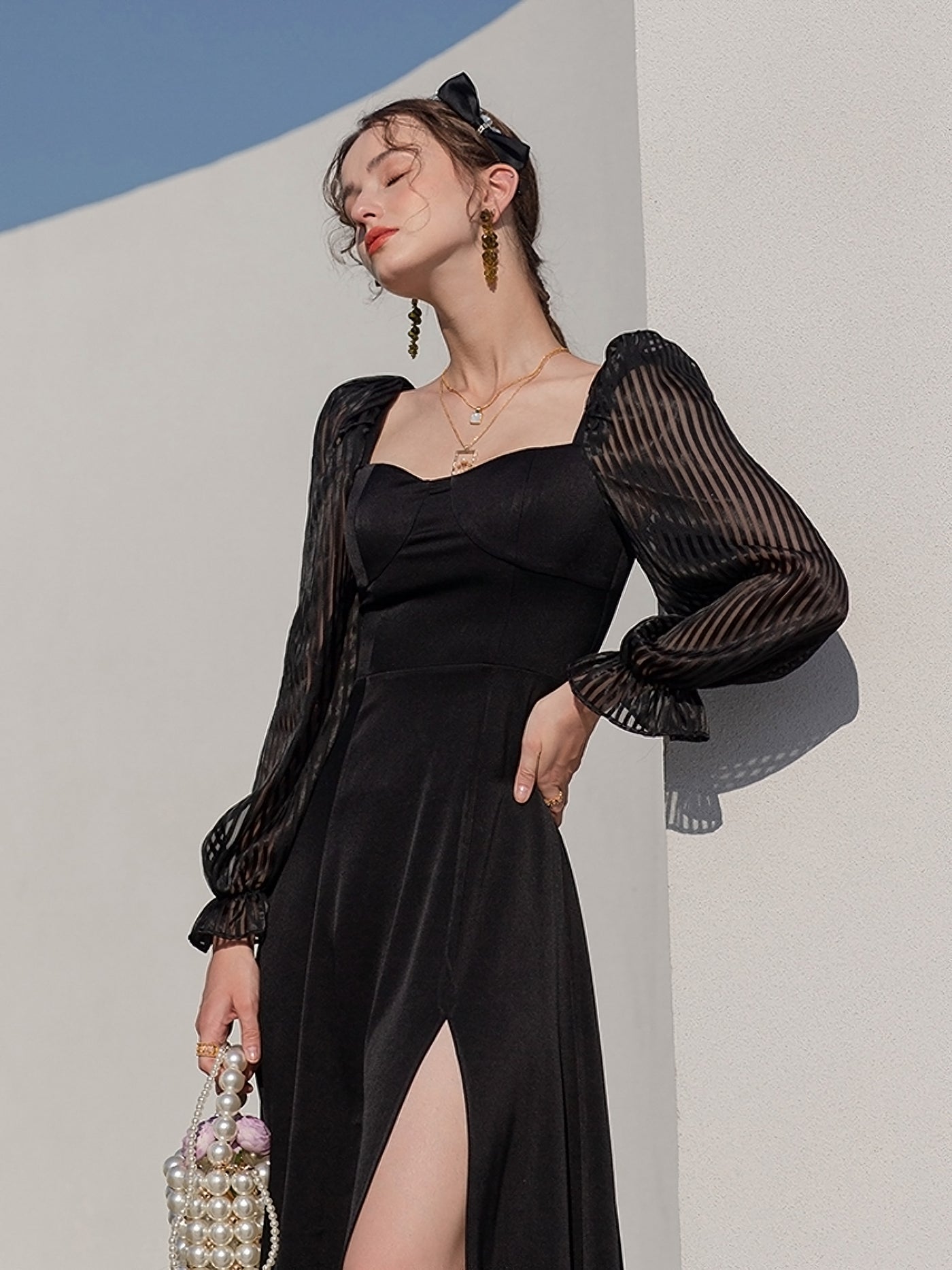 black sheer sleeve dress 