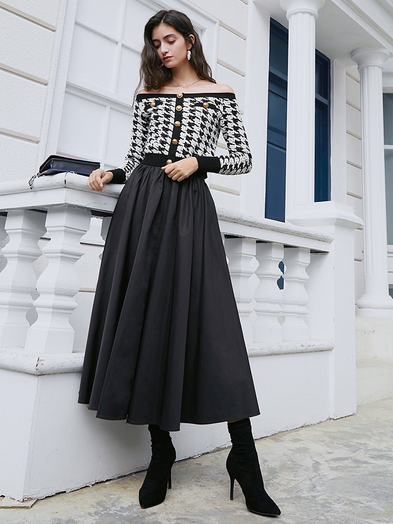 Houndstooth off-shoulder knit 