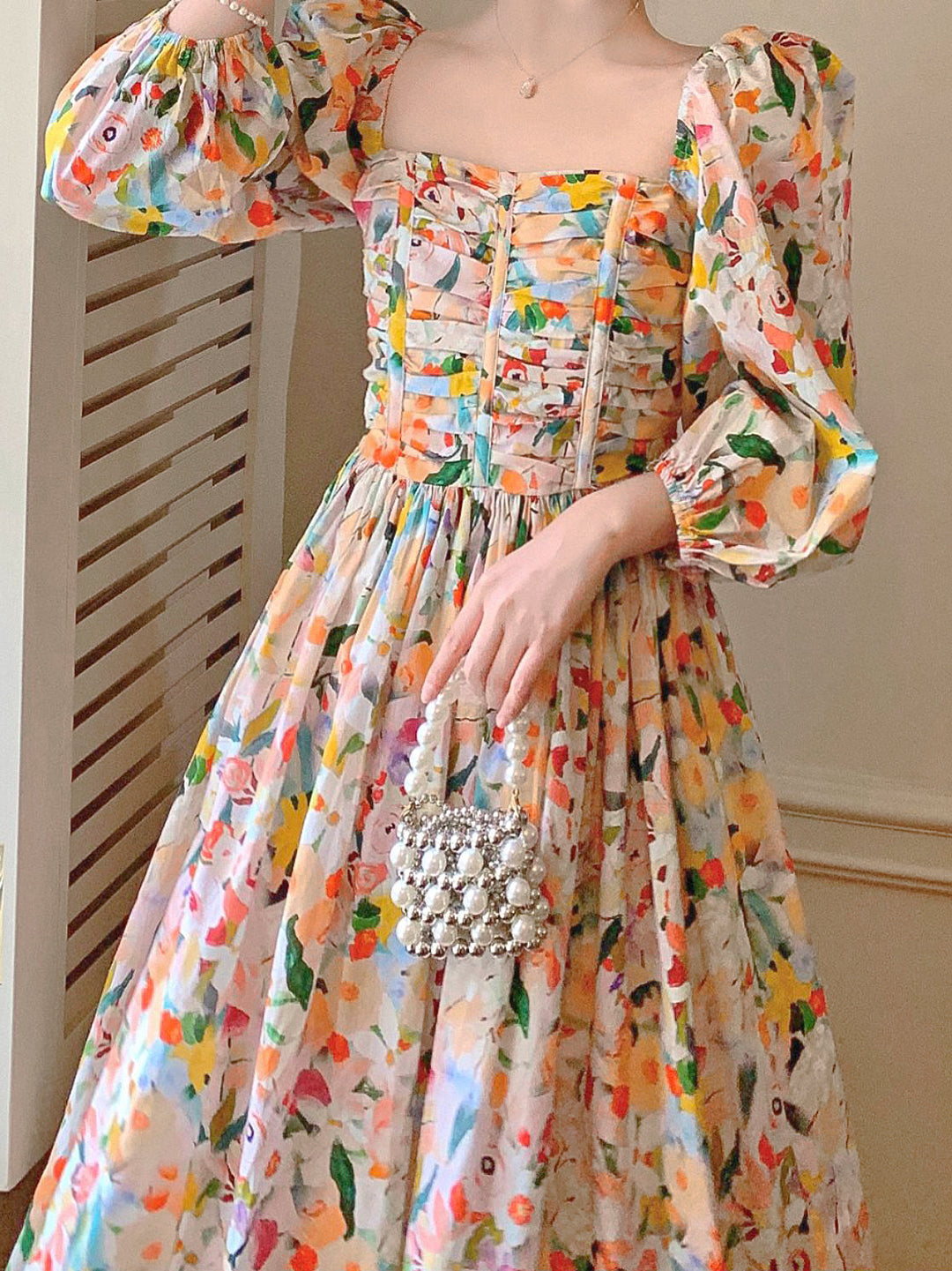 Oil painting floral pattern holiday flare dress 