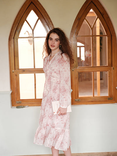 Bowtie ribbon ceramic pattern pink flare dress 