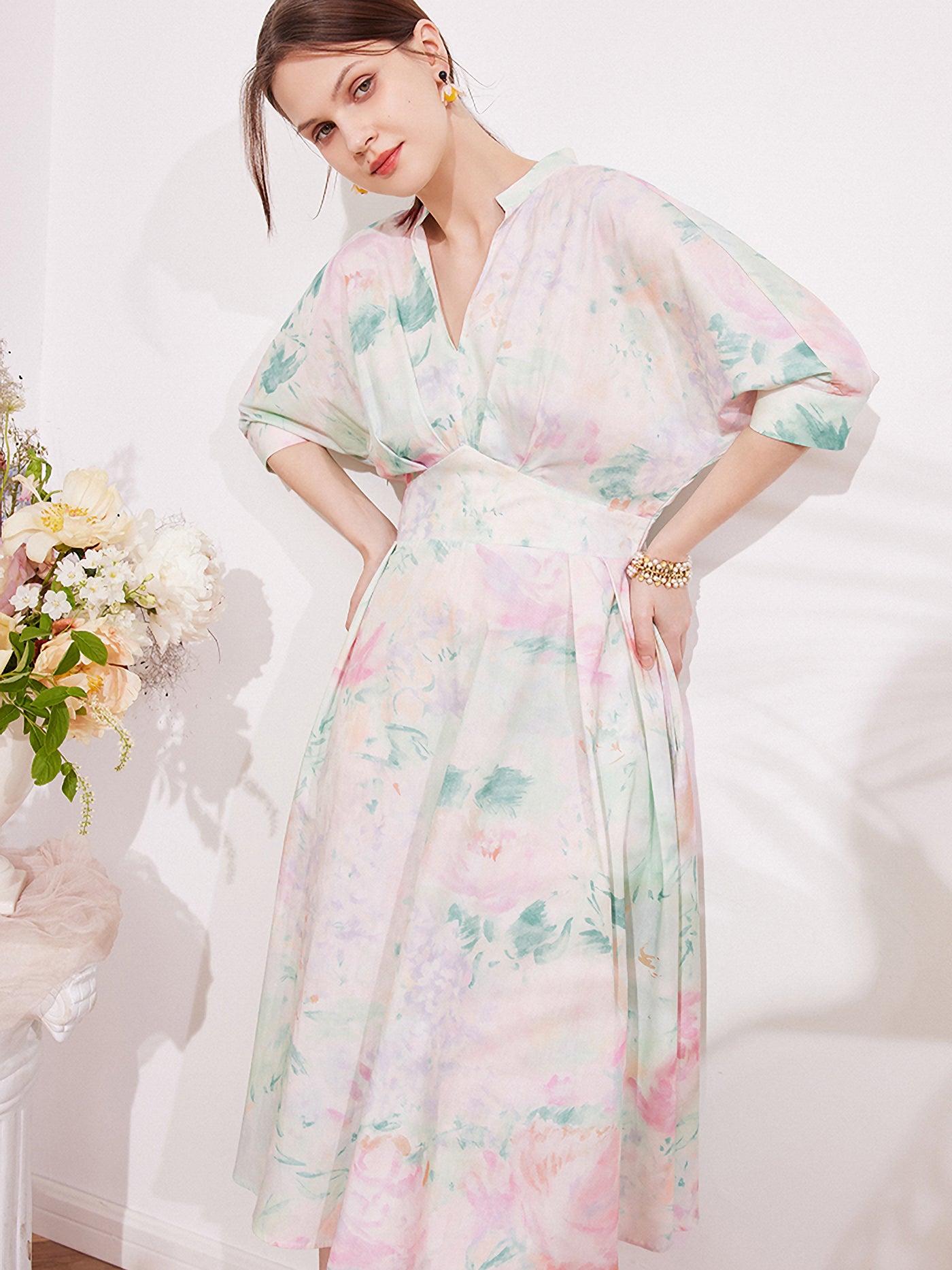 Watercolor floral print volume shirt dress 