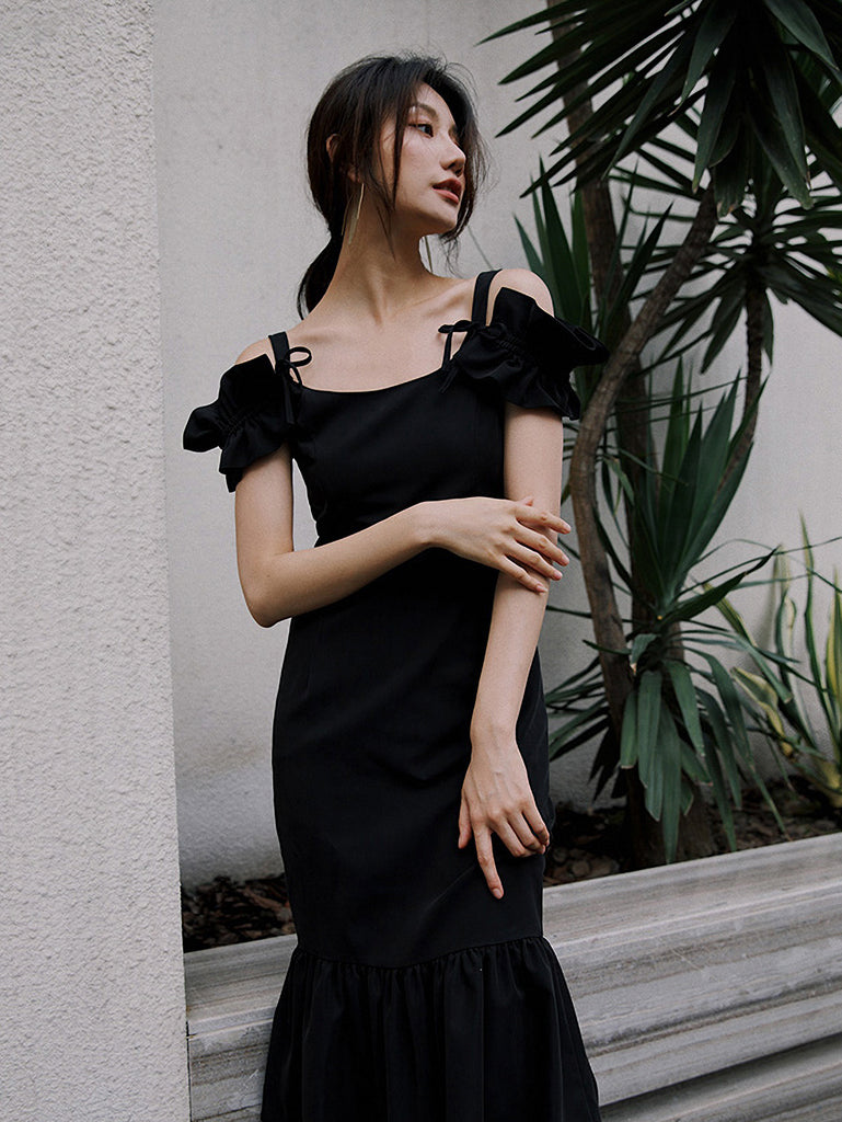 フリルオフショルダー ブラックミディドレス – Jasmine