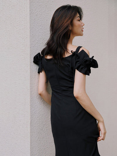 Ruffled off-shoulder black midi dress 