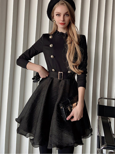 Double button French lady belt dress 