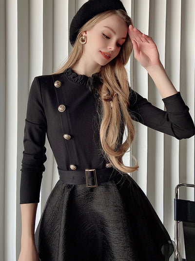 Double button French lady belt dress 
