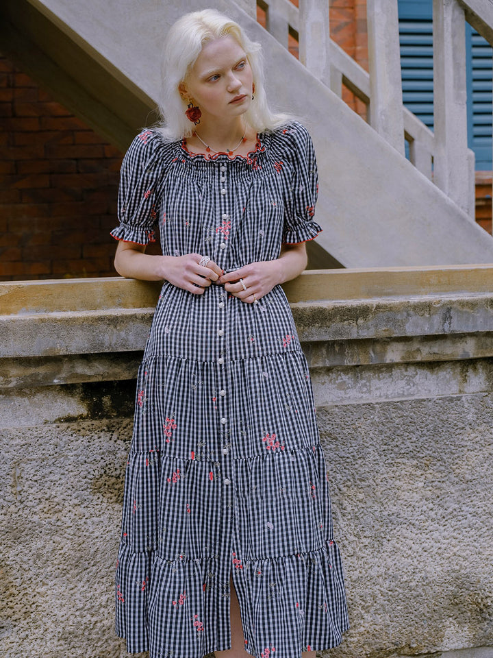 Flower x check 2WAY ruffle dress 