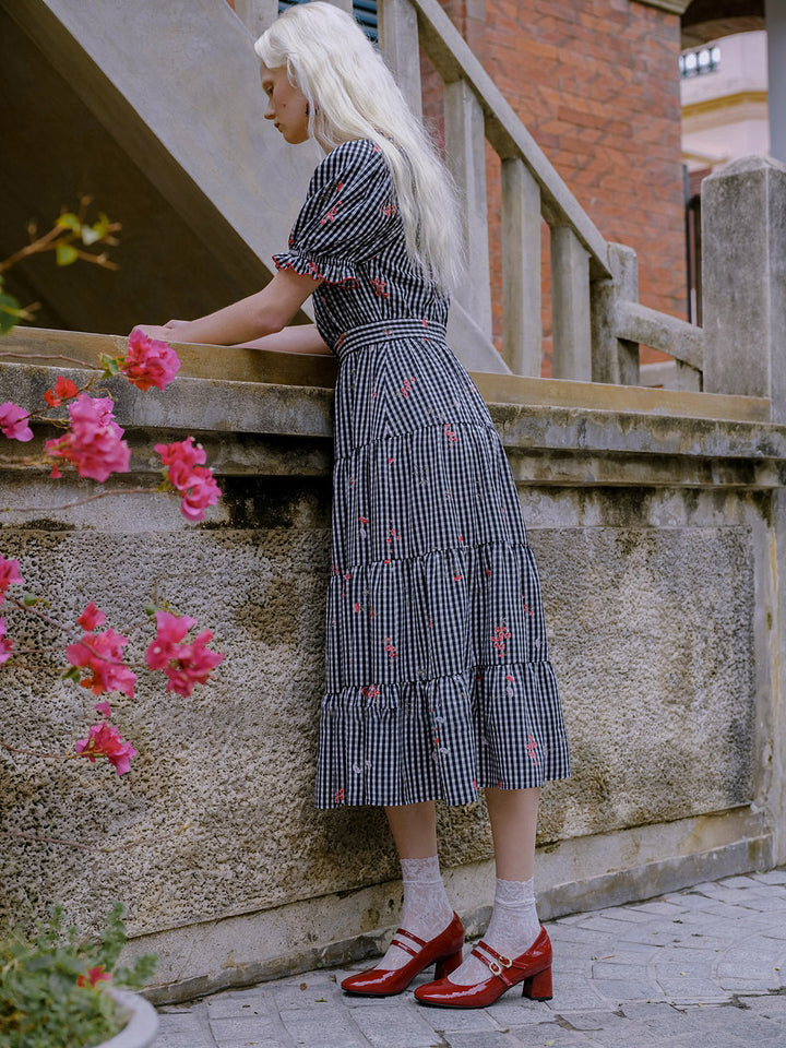 Flower x check 2WAY ruffle dress 