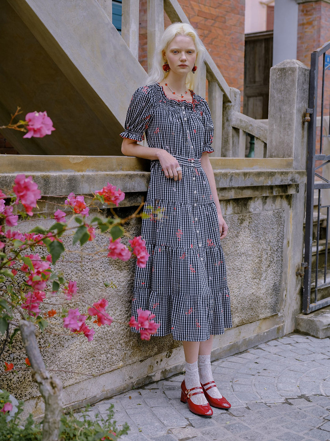 Flower x check 2WAY ruffle dress 