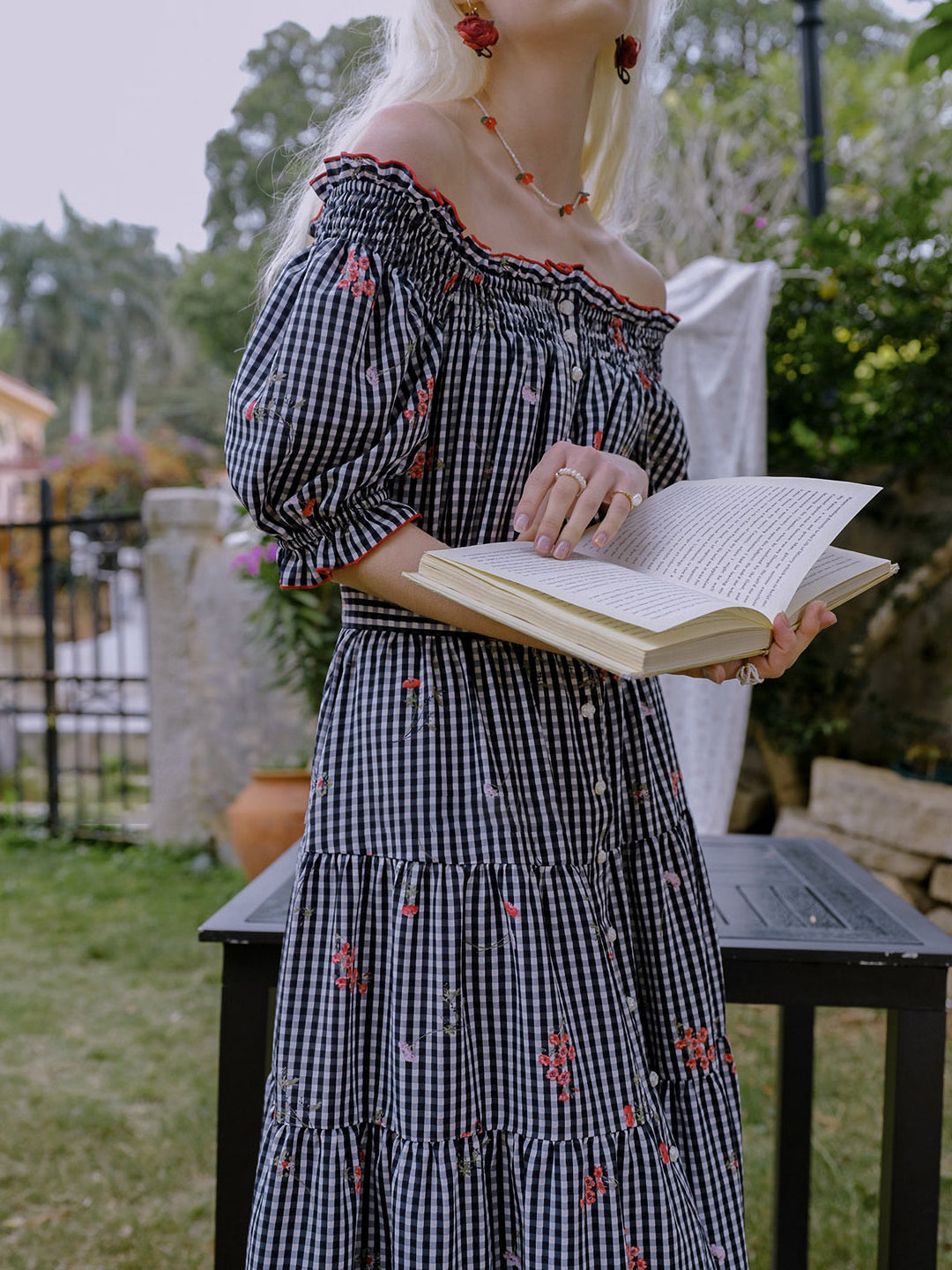 Flower x check 2WAY ruffle dress 