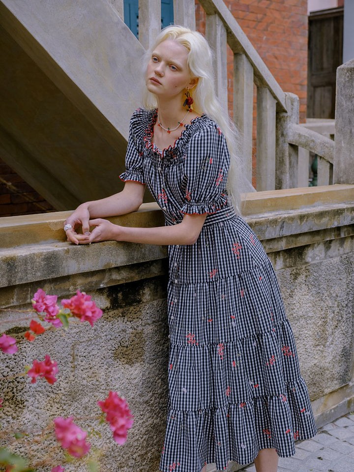 Flower x check 2WAY ruffle dress 