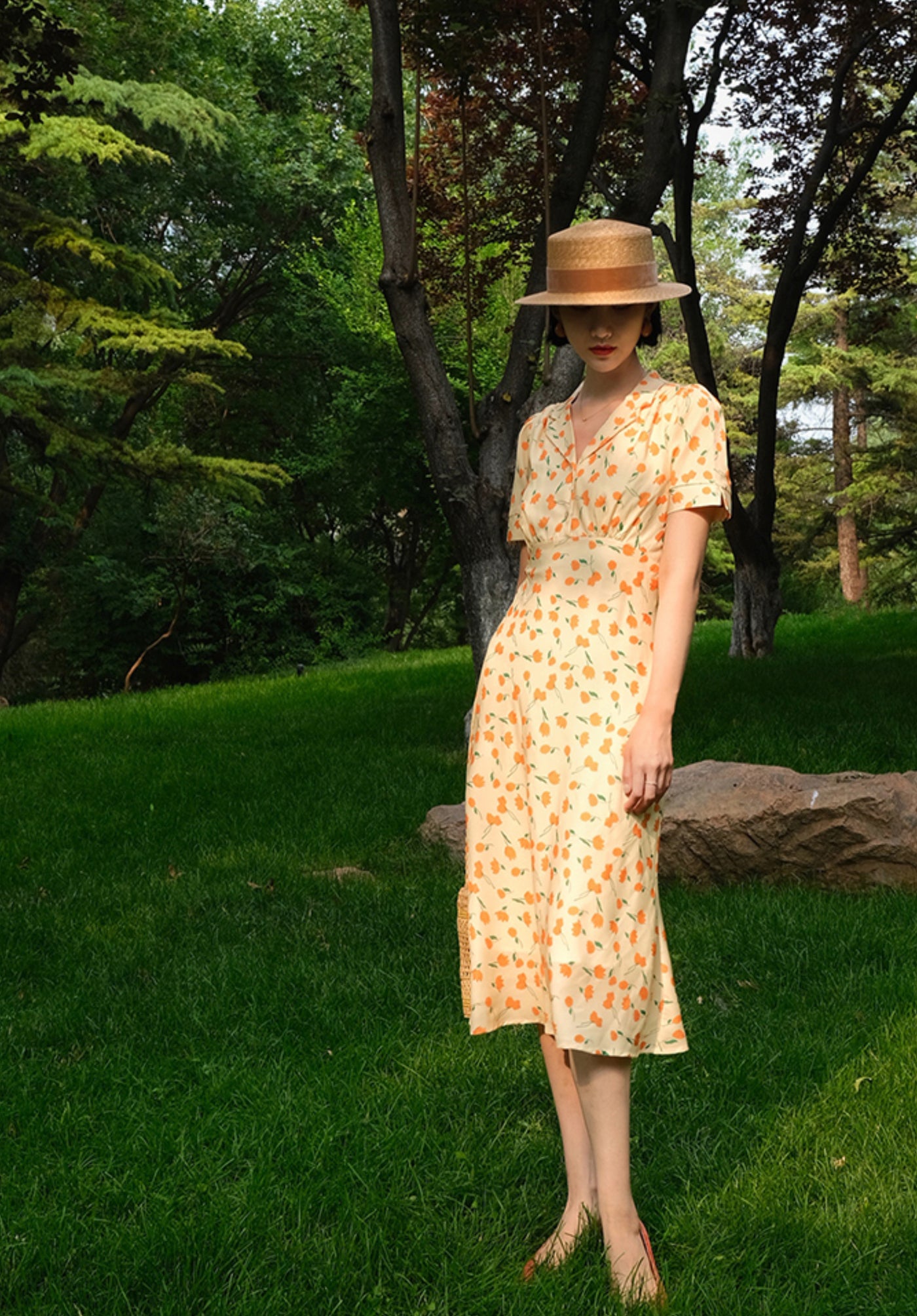 Open collar floral retro French dress 