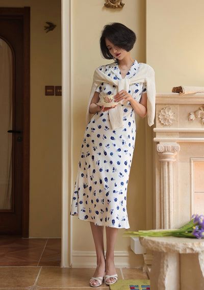 Open collar floral retro French dress 