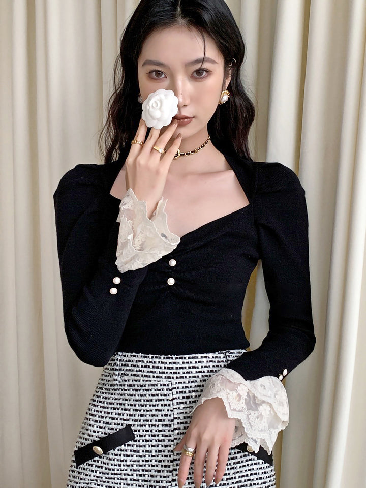 Lace cuffs Audrey tops [black/white] 