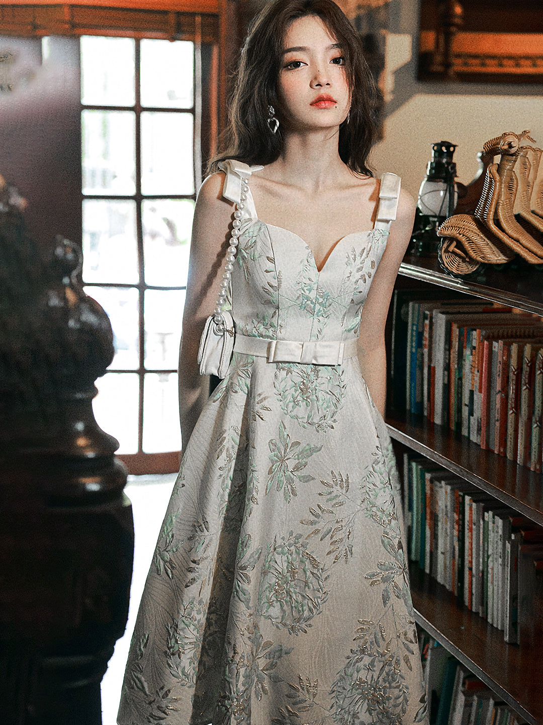 Metallic Gold Silk Dress Wedding Dress Maxi Dress Square Shape Dress Pale Leaf Ribbon-strap Dress Jasmine Metallic Gold Silk Dress Wedding Dress Maxi Dress Square Shape Dress Pale Leaf Ribbon-strap Dress Jasmine