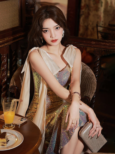 Sequined big-shoulder ribbon dress 